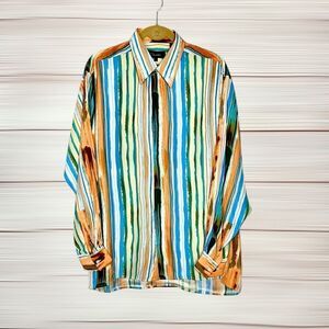 Genelli Silk Shirt Button Up Long Sleeve Colorful Striped Men’s L Vintage